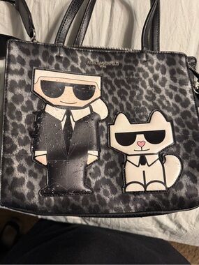 Karl Lagerfeld Black Leopard Tote with Character Appliqués